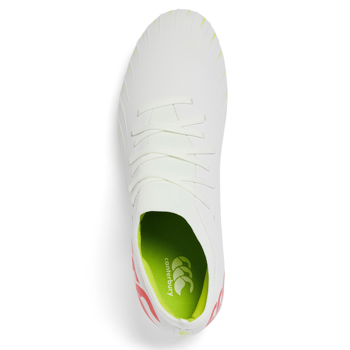 Top view of the Canterbury Speed Falcon Pro SG - Snow White/Tangerine Tango, showing a green interior, Tangerine Tango heel details, and Canterbury branding on the insole.