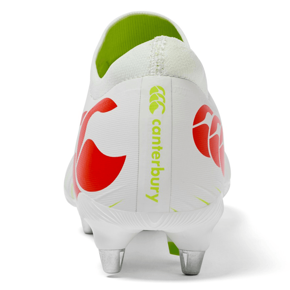 Rear view of the Canterbury Speed Falcon Pro SG rugby boot in Snow White/Tangerine Tango, featuring red accents, metal studs, and a green Canterbury logo on the heel for a bold, dynamic finish.
