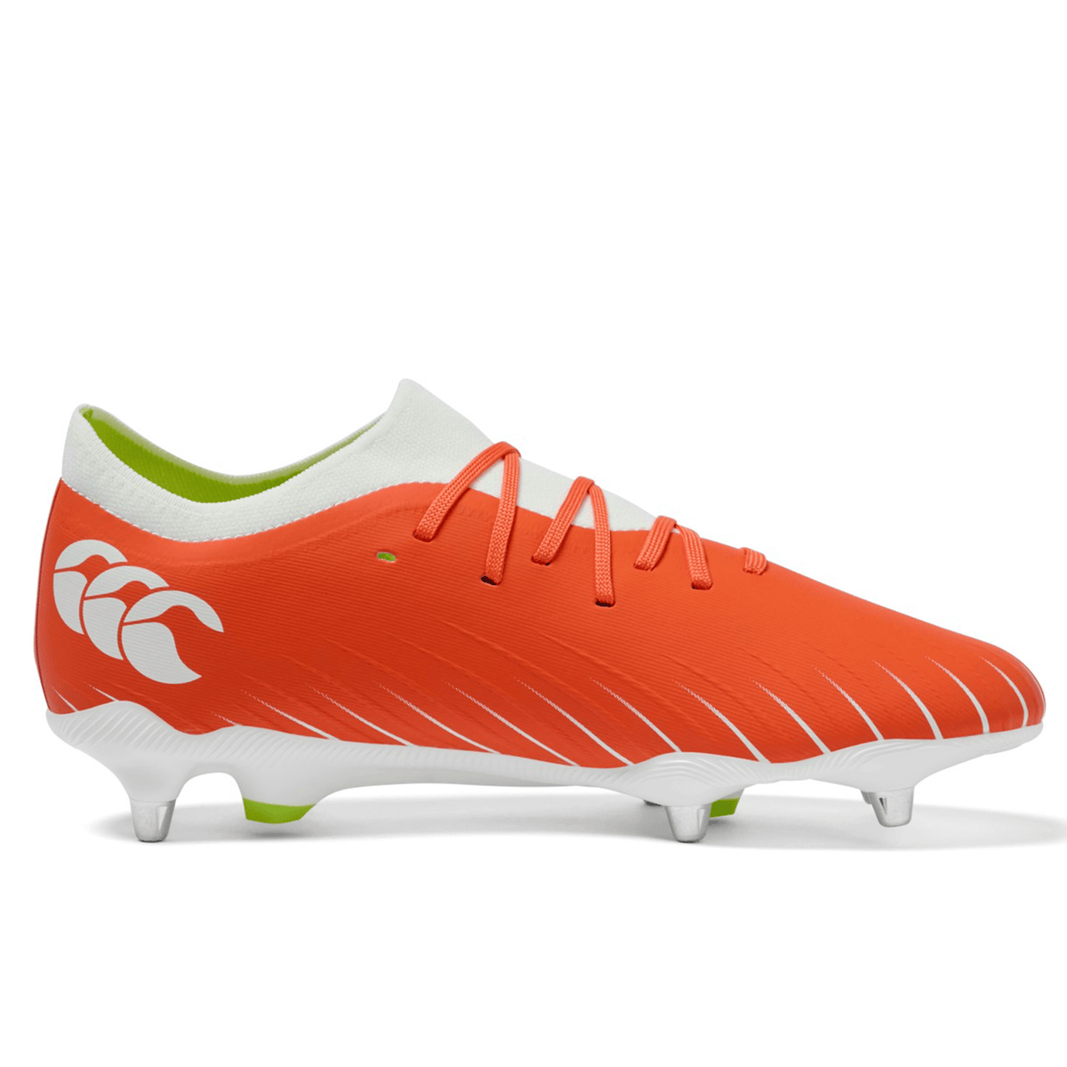 The Canterbury Speed Falcon Pro SG in Tangerine Tango/Snow White features white laces, a white sole with metal studs, and white heel branding—ideal for rugby players seeking lightweight boots for soft ground.
