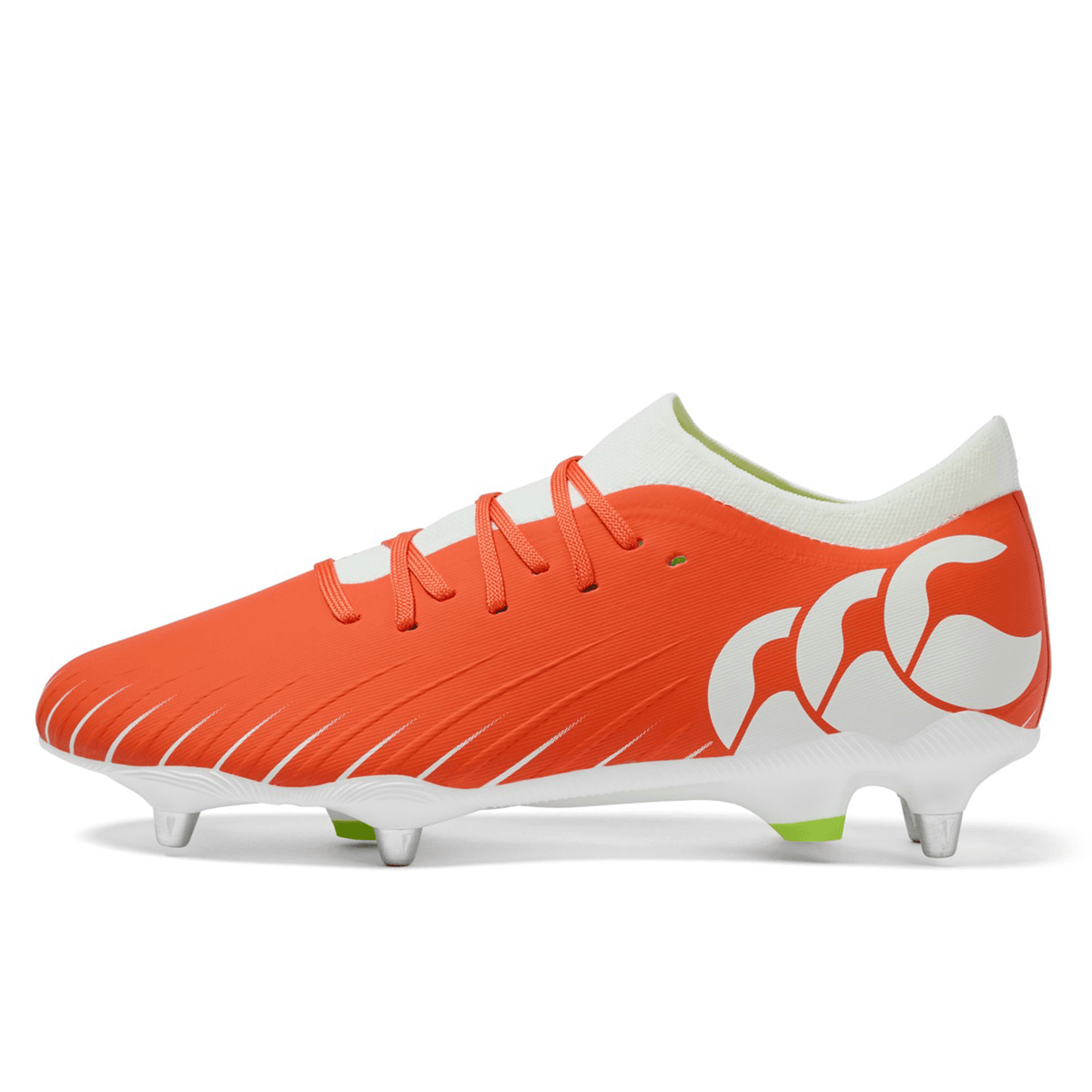 The Canterbury Speed Falcon Pro SG rugby boots in Tangerine Tango/Snow White feature laces, metal studs, and a bold side logo. Designed for soft ground, these lightweight boots are shown on a white background.