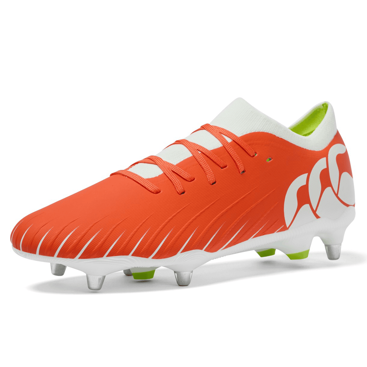 The Canterbury Speed Falcon Pro SG in Tangerine Tango/Snow White features white and green accents, metal studs for soft ground, and a white logo on the side, displayed against a white background.