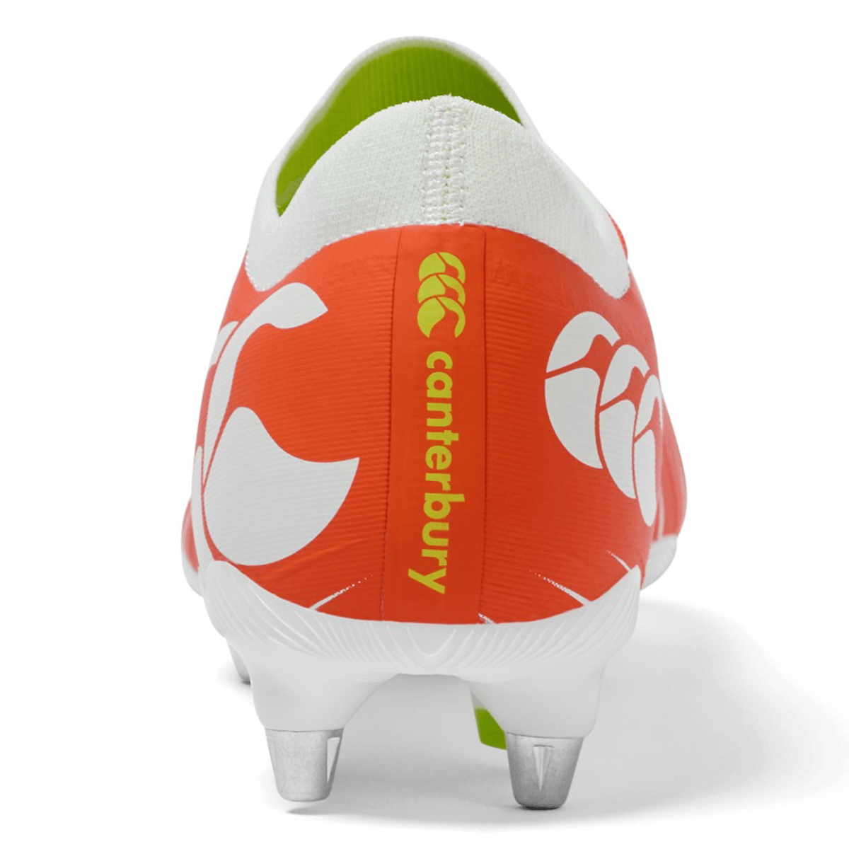 Rear view of the Canterbury Speed Falcon Pro SG rugby boot in Tangerine Tango/Snow White with metal studs, lightweight design for soft ground, and featuring Canterbury’s logo with yellow branding.