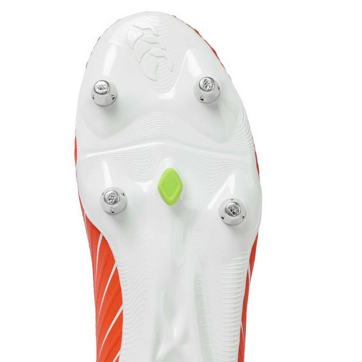 Close-up of the underside of the Canterbury Speed Falcon Pro SG boot (Tangerine Tango/Snow White) by Canterbury, featuring four metal studs and a small green detail at the center of the white sole.
