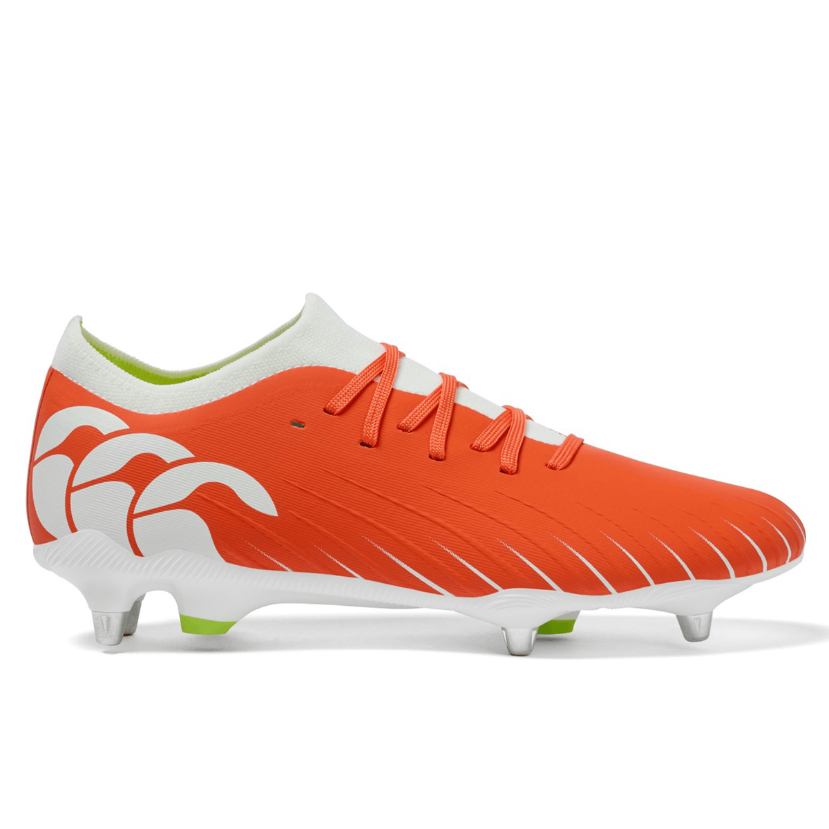 A close-up of Canterbury Speed Falcon Pro SG rugby boots in Tangerine Tango/Snow White, engineered for agility and comfort.
