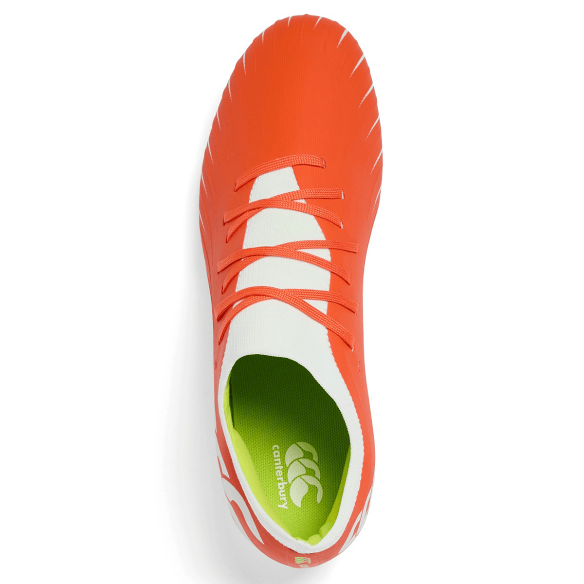 Top view of the Canterbury Speed Falcon Pro SG rugby boot in Tangerine Tango/Snow White with a lime green insole featuring the Canterbury logo—engineered for lightweight agility on the field.