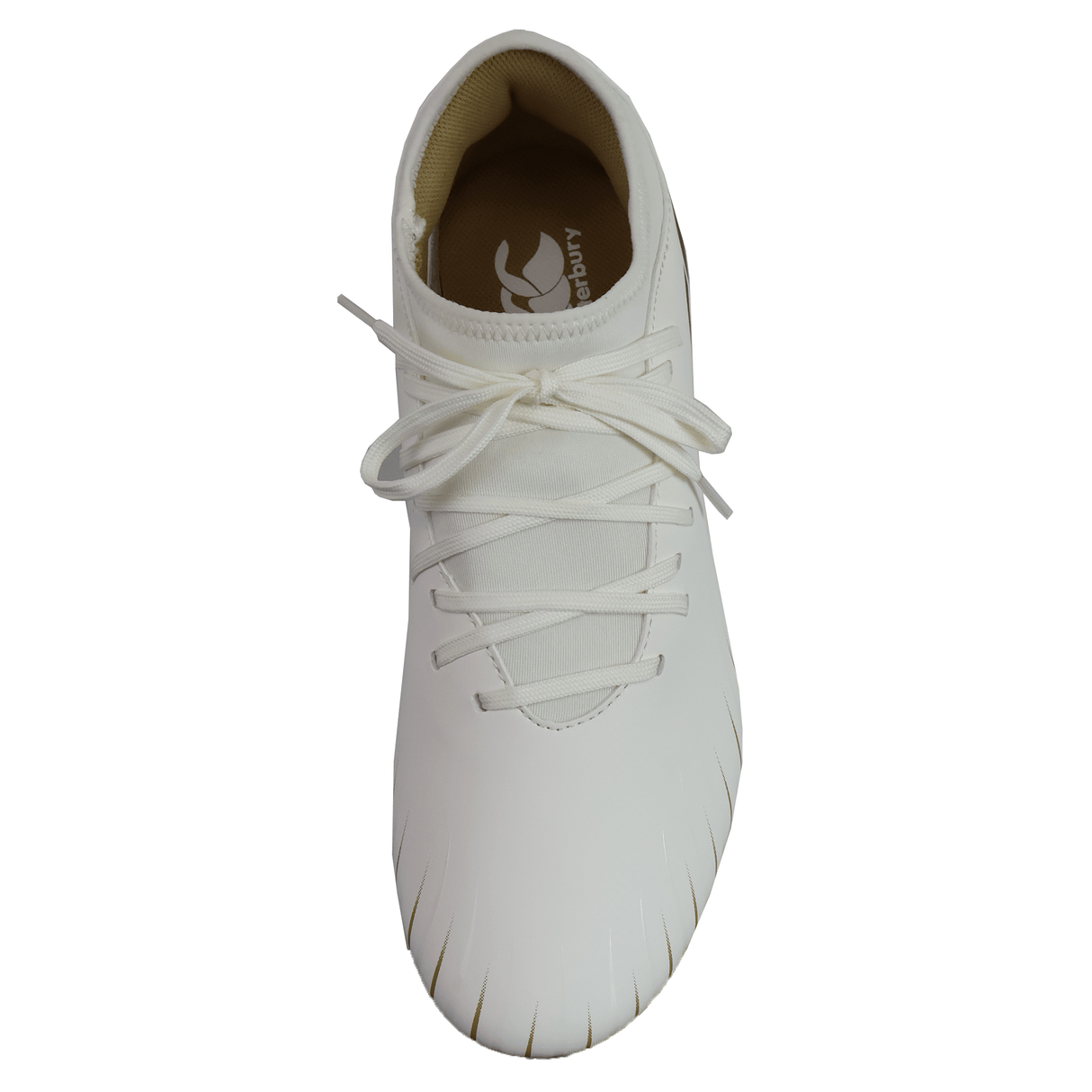 Top view of a Canterbury Speed Falcon Team SG rugby boot in white, featuring a rounded toe, subtle stitching, and logo on the insole—ideal for those wanting reliable soft ground boots from Canterbury.