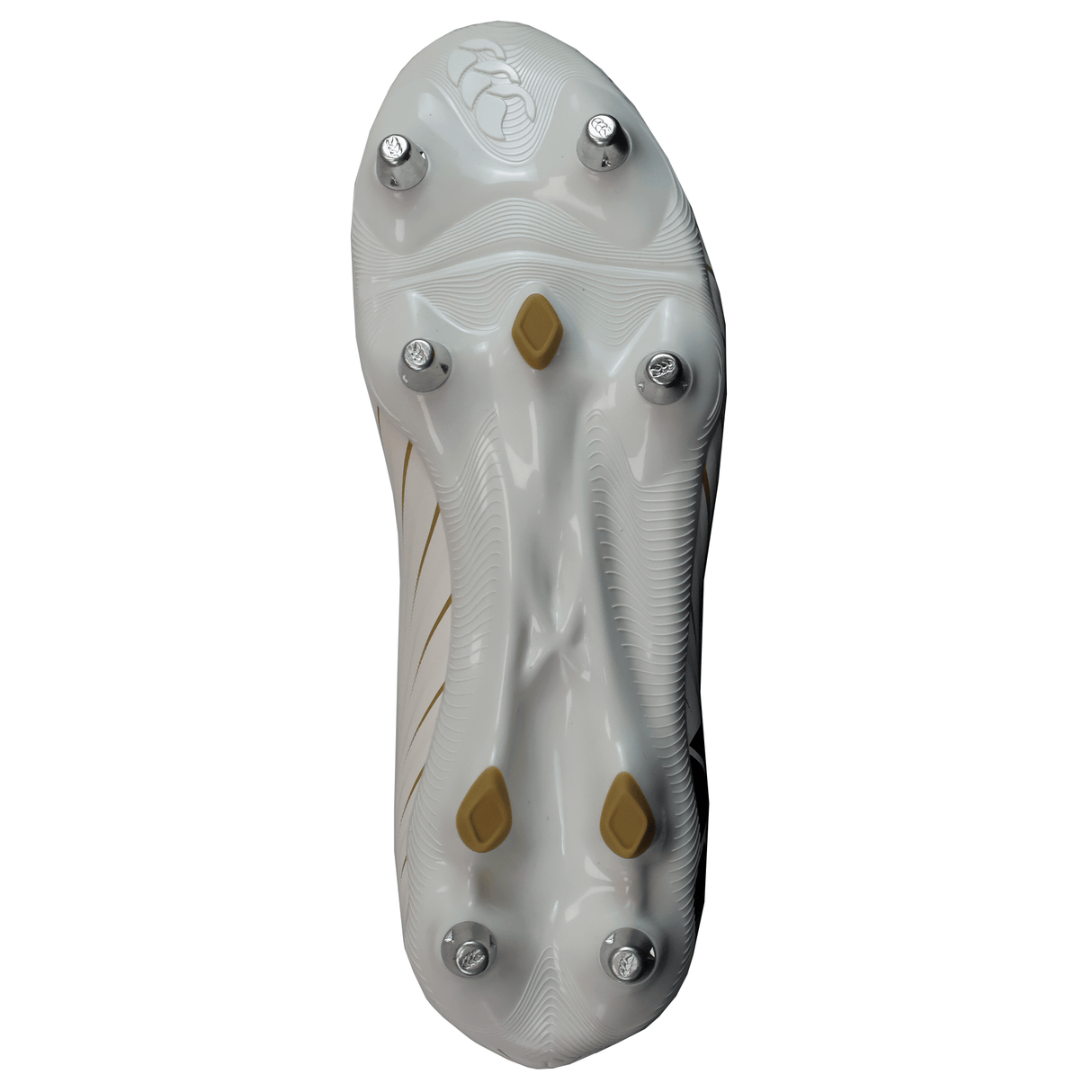 Bottom view of the Canterbury Speed Falcon Team SG - White, featuring six metal studs and two beige traction elements—crafted by Canterbury for superior grip on soft ground, just like classic rugby boots.