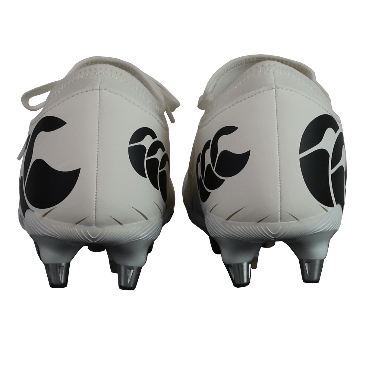 The Canterbury Speed Falcon Team SG - White rugby boots by Canterbury feature black abstract heel designs. Ideal soft ground boots for agile players, offering a blend of style and performance.