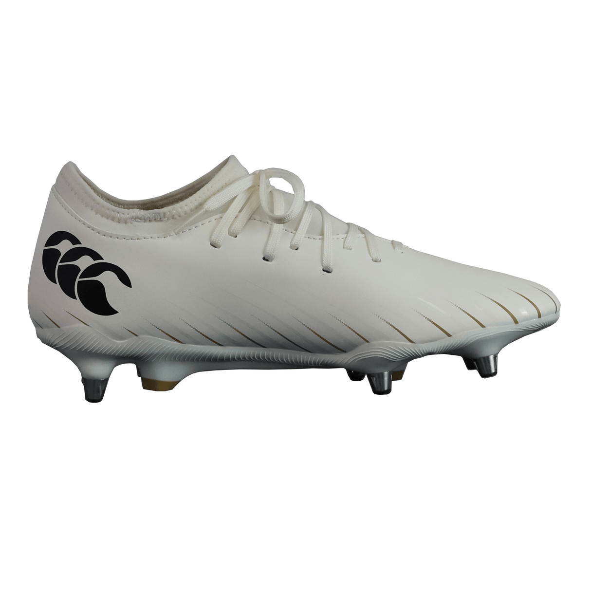 The Canterbury Speed Falcon Team SG rugby boot in white features a black logo, lace-up closure, and metal studs for soft ground, shown in side profile.