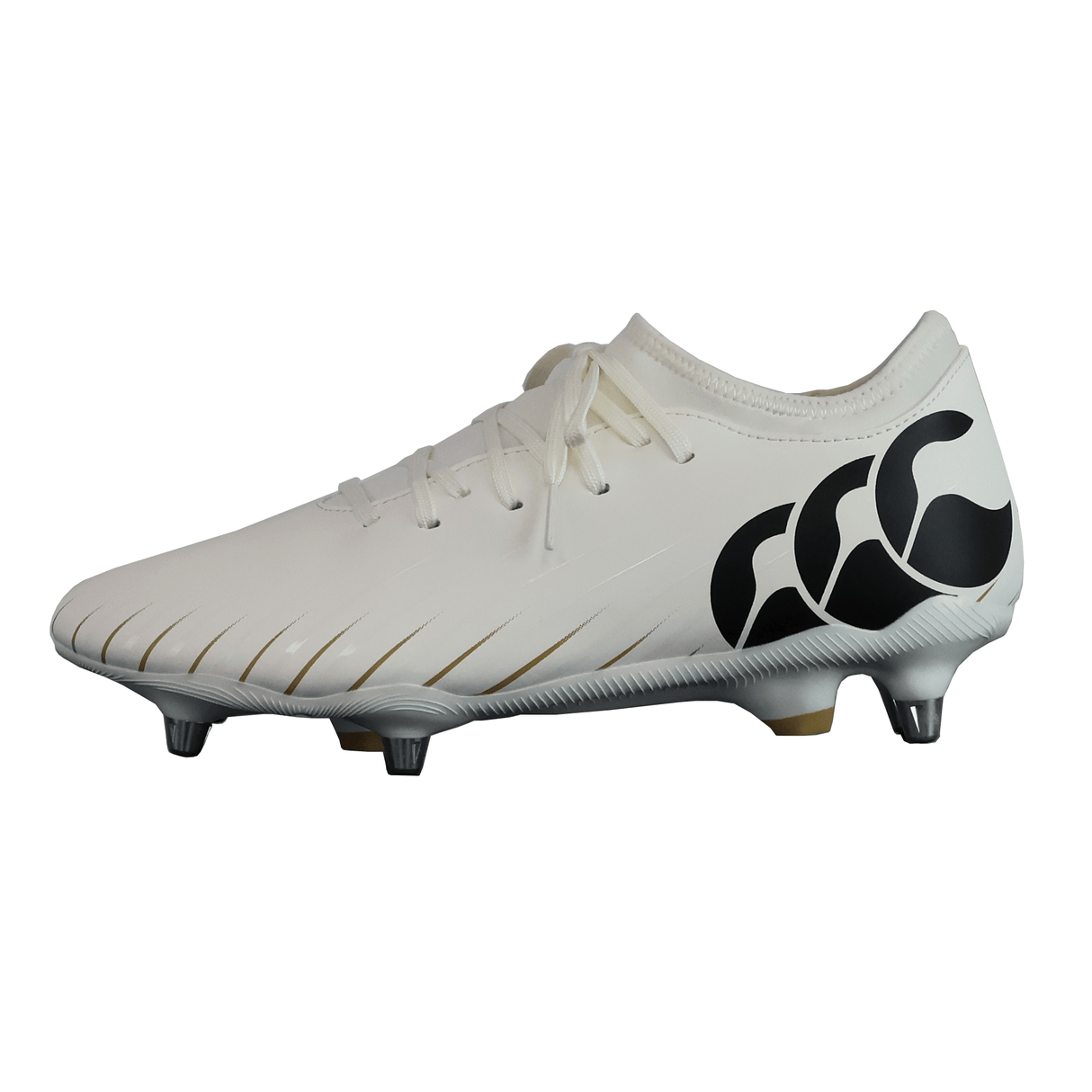 The Canterbury Speed Falcon Team SG - White is a soft ground rugby boot featuring black accents, metal studs, and a bold black logo on the side.
