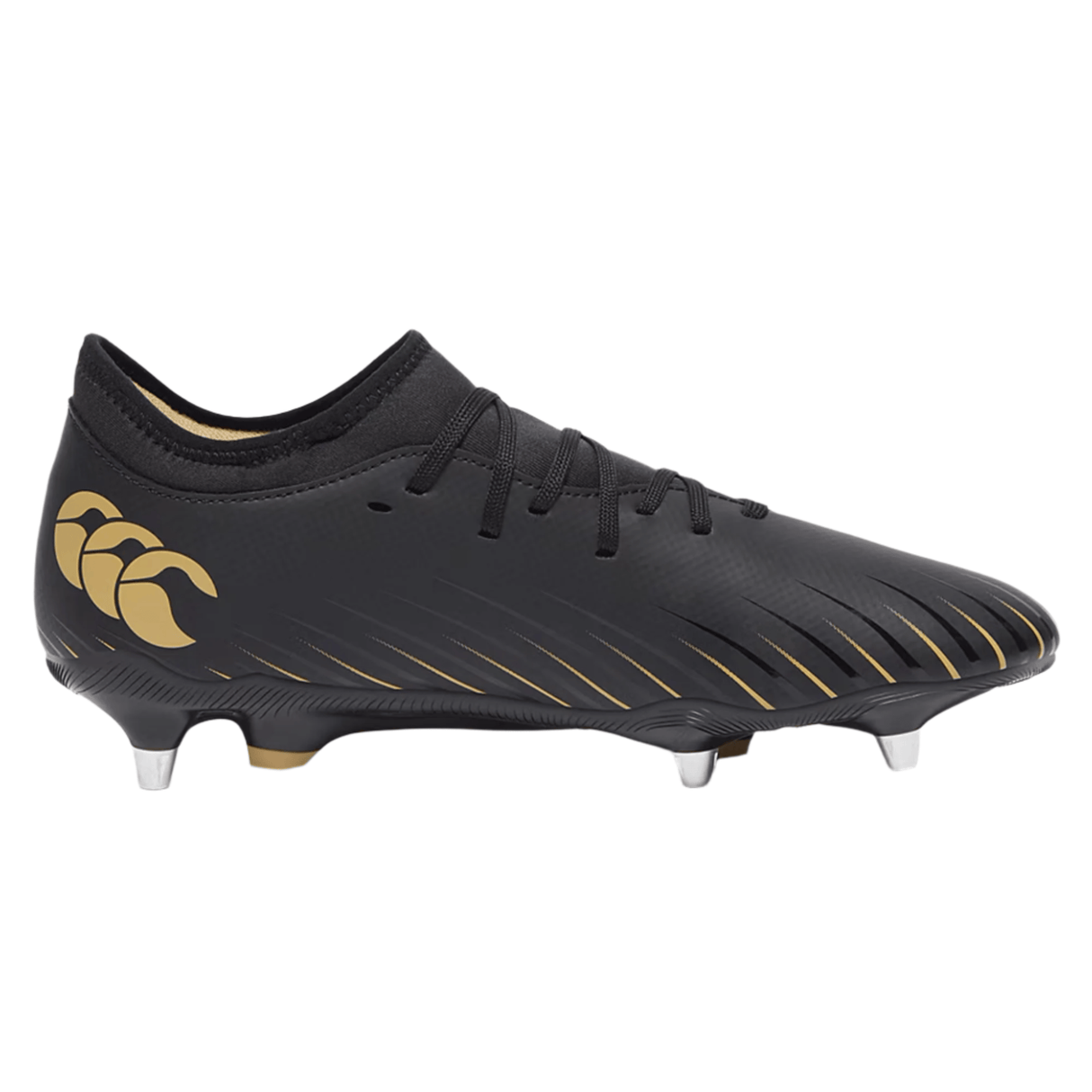 The Canterbury Speed Falcon Team SG - Black by Canterbury is a black soft-ground rugby boot with gold accents, metal studs, a large gold logo on the heel, and diagonal gold streaks along the side.