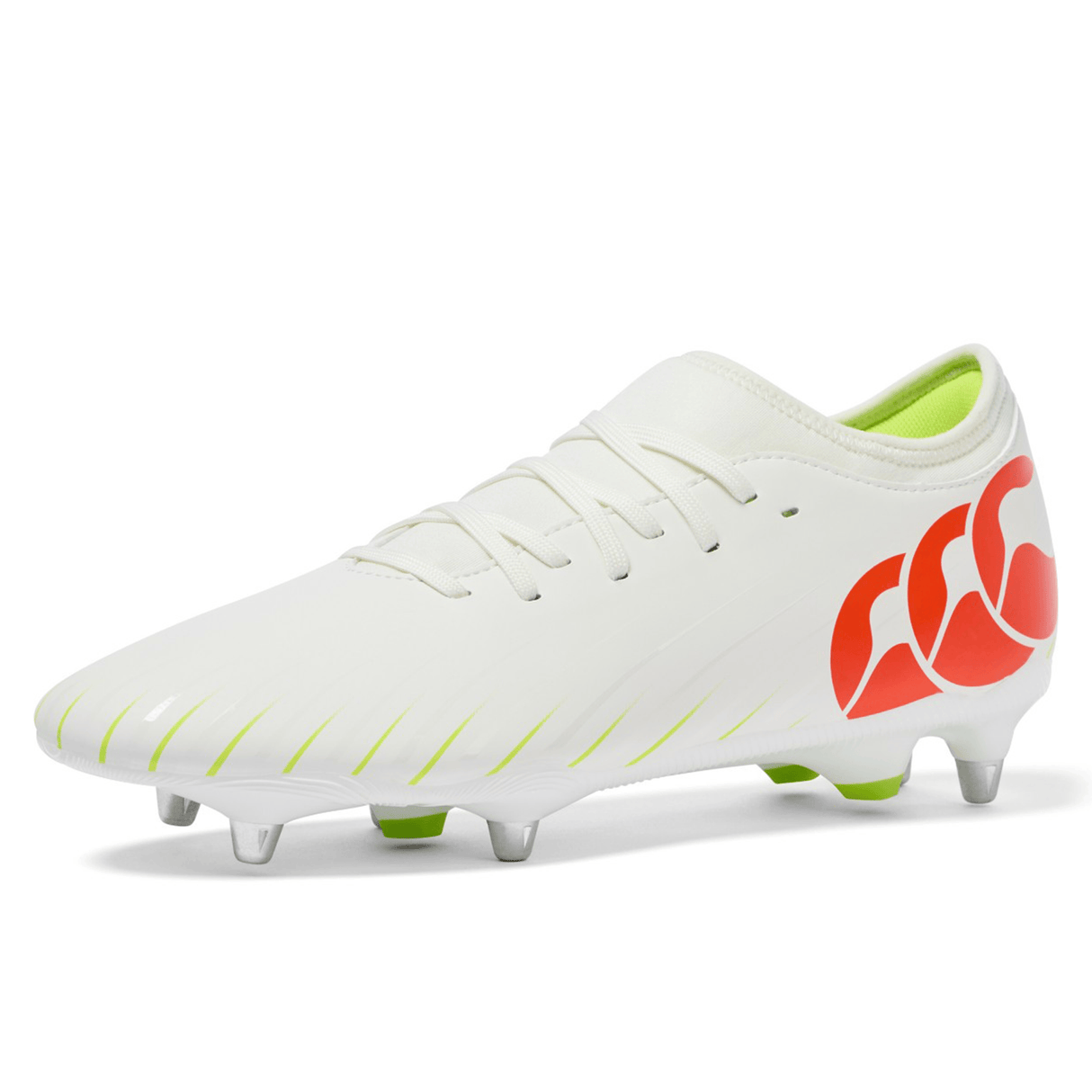 The Canterbury Speed Falcon Team SG - Snow White/Tangerine Tango features green accents, laces, metal studs, and a bold red logo on the heel—part of the premium Canterbury collection.