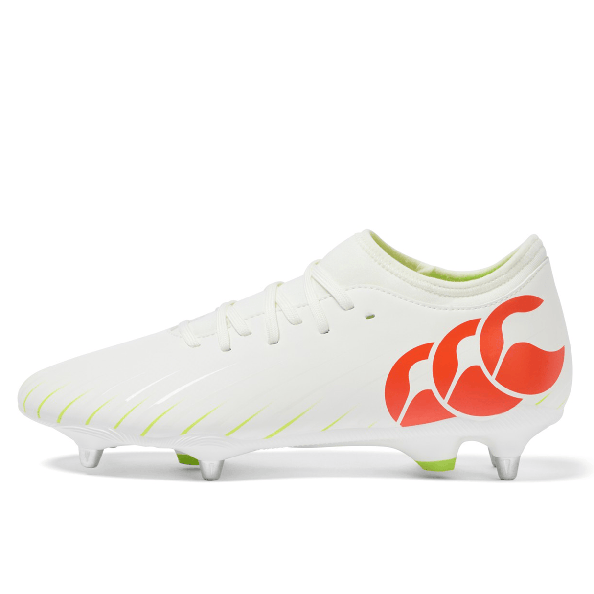 The Canterbury Speed Falcon Team SG rugby boot by Canterbury in Snow White/Tangerine Tango features bold tangerine accents and Team SG metal studs, all set against a clean white background.