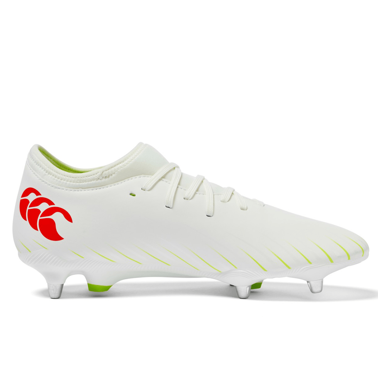 The Canterbury Speed Falcon Team SG in Snow White/Tangerine Tango showcases a red logo, lime green accents, and metal studs. This Canterbury rugby boot is shown in side profile against a plain background.