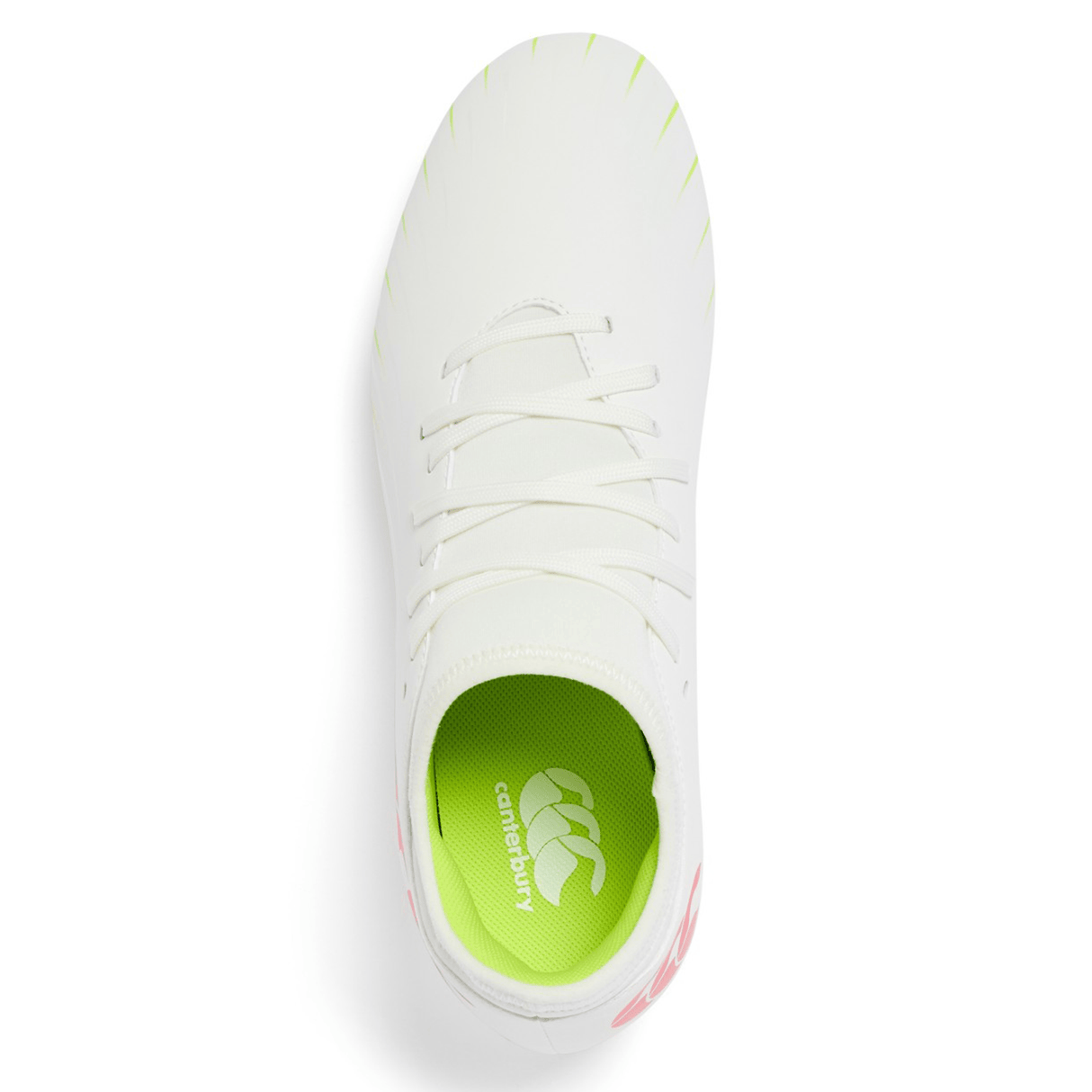 Top view of the Canterbury Speed Falcon Team SG - Snow White/Tangerine Tango by Canterbury, with white laces, a light green insole featuring the logo, and subtle neon accents at the toe for a fresh, sporty look.
