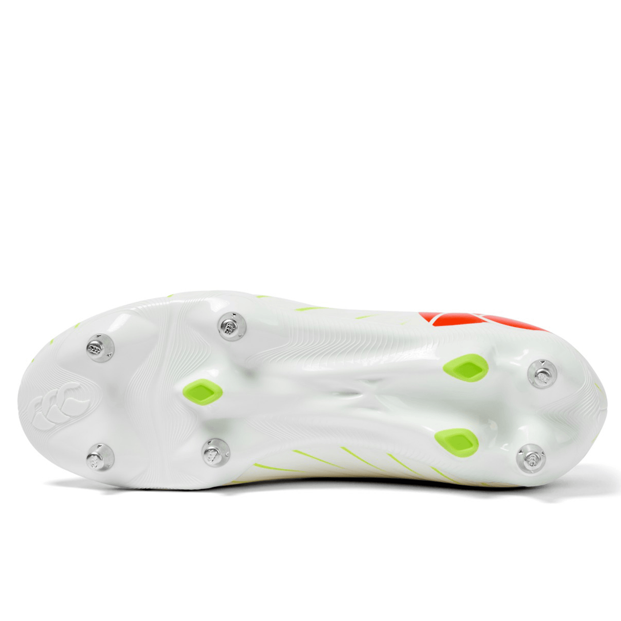 The underside of a Canterbury Speed Falcon Team SG soccer cleat in Snow White/Tangerine Tango, featuring metal and plastic studs with neon green and orange accents.