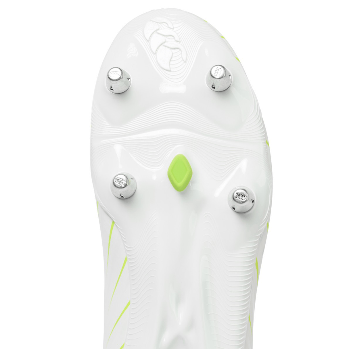 Close-up of the sole of a Canterbury Speed Falcon Team SG - Snow White/Tangerine Tango soccer cleat by Canterbury, showing four metal studs and a small green plastic stud.