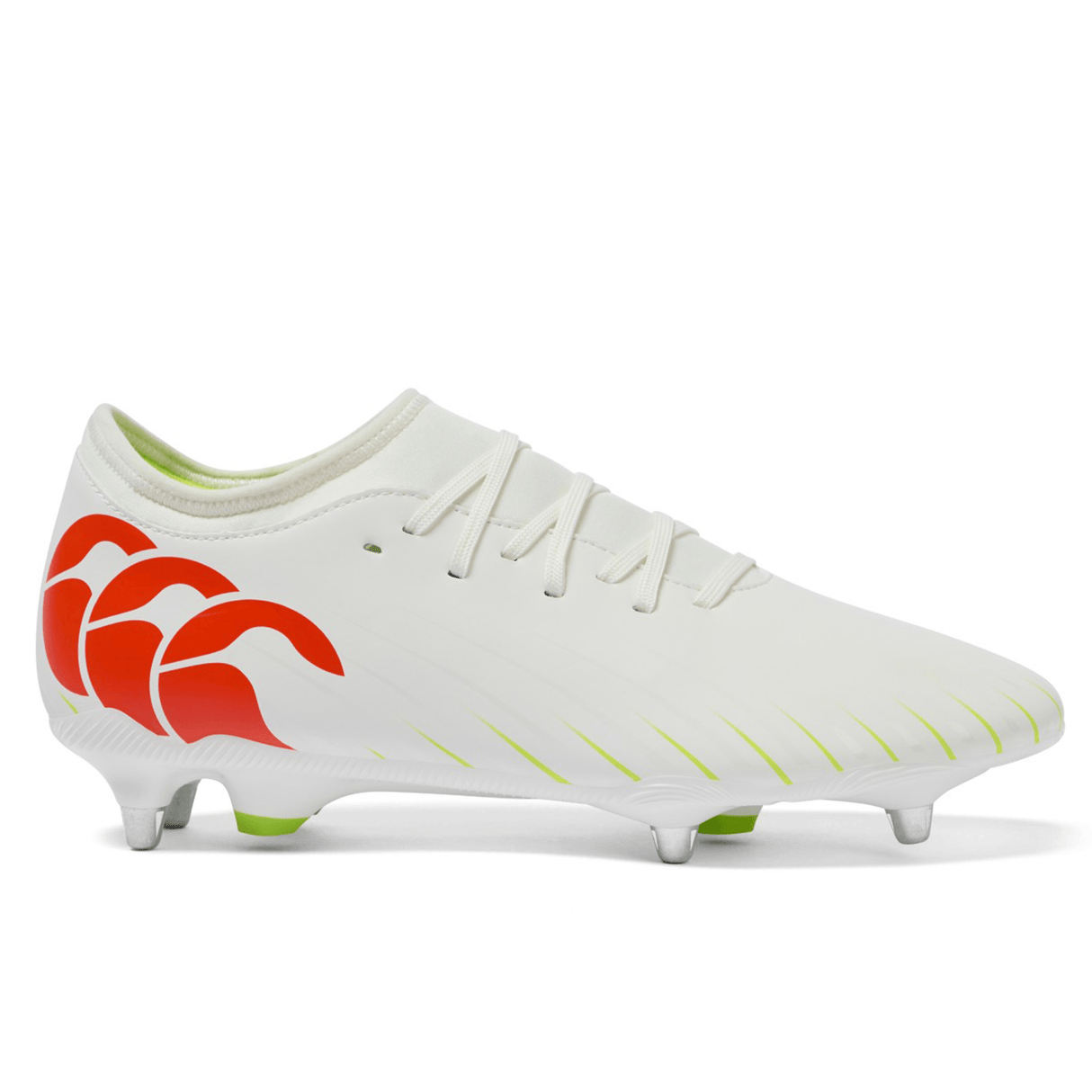 The Canterbury Speed Falcon Team SG - Snow White/Tangerine Tango by Canterbury displays tangerine wave-like heel patterns and green studs, shown in a side profile against a plain backdrop.