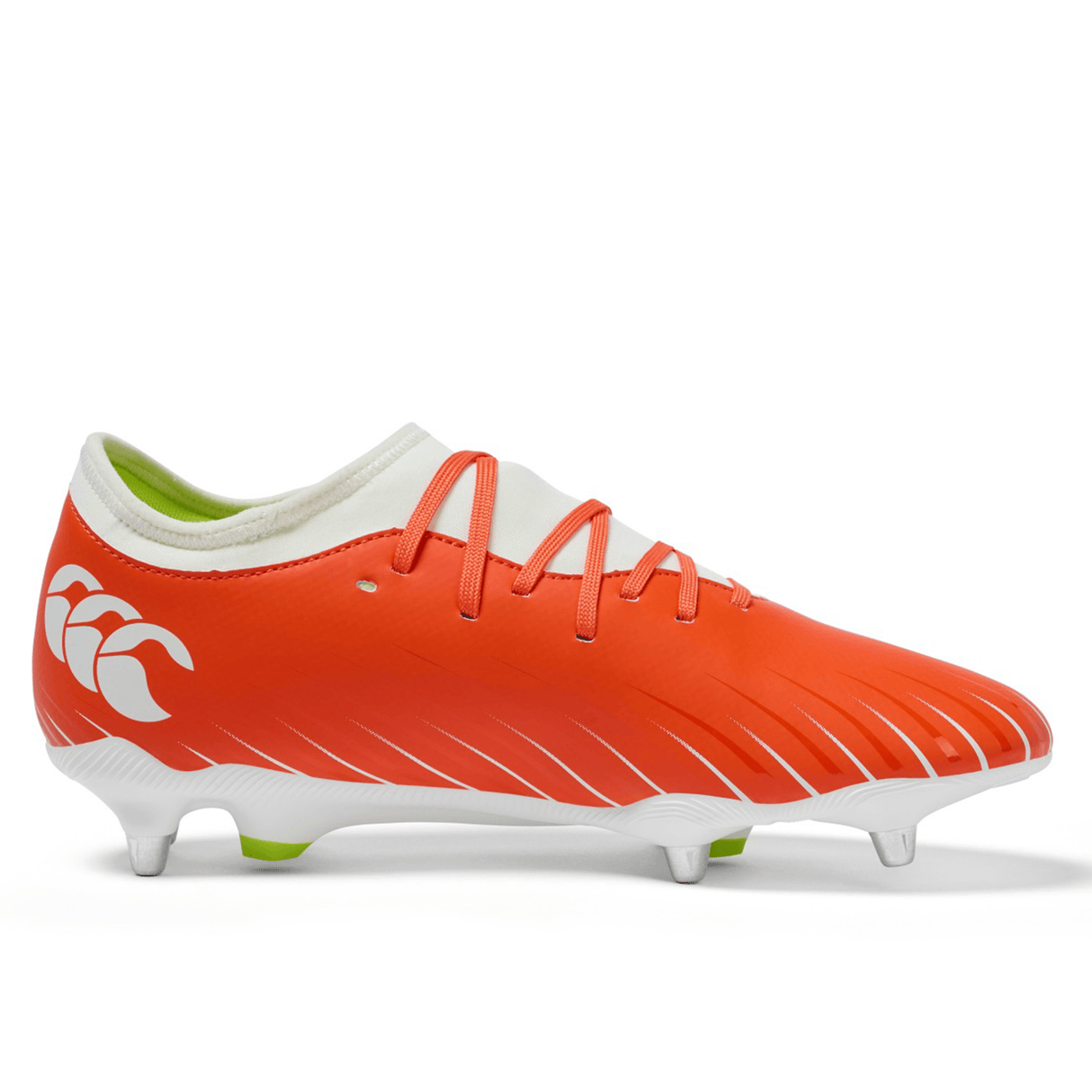 The Canterbury Speed Falcon Team SG rugby boots in Tangerine Tango/Snow White, featuring white laces, a prominent heel logo, and metal studs, are ideal for Team SG players—displayed on a white background.
