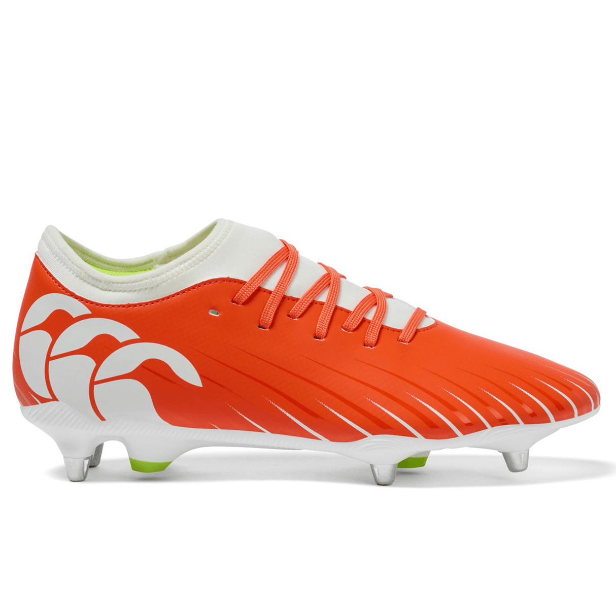 The Canterbury Speed Falcon Team SG in Tangerine Tango/Snow White features a wave-like design, white laces, and metal studs, inspired by rugby boots. Photographed on a white background.