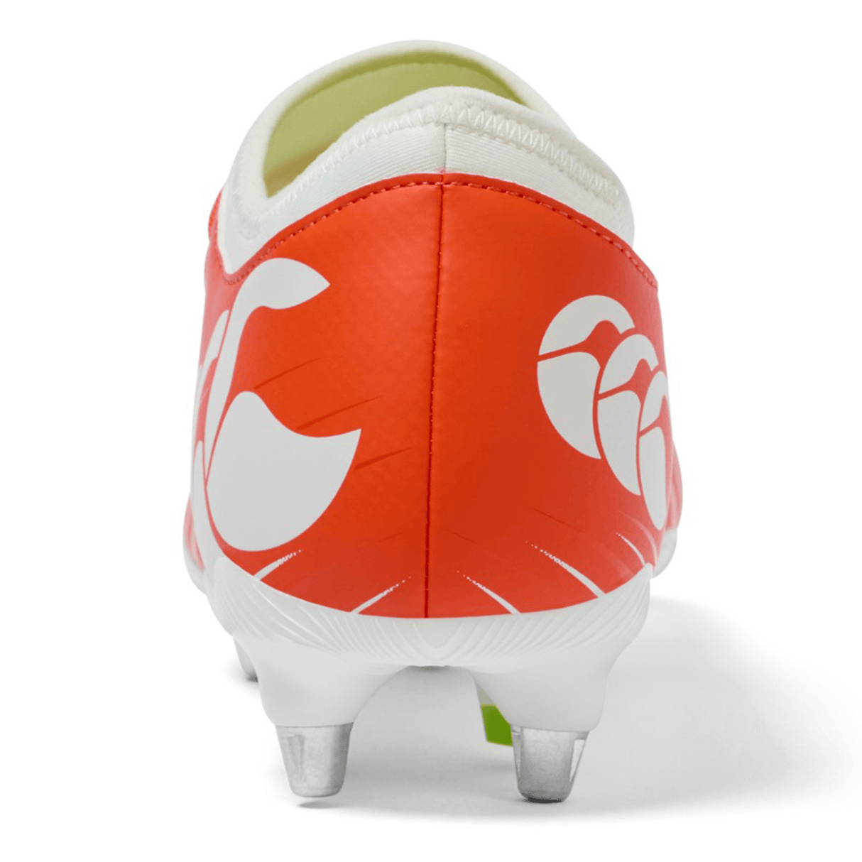 A rear close-up of Canterbury Speed Falcon Team SG Rugby Boots in Tangerine Tango/Snow White by Canterbury, highlighting the red and white design with metal studs against a white background.