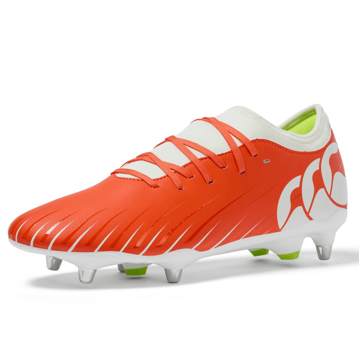 The Canterbury Speed Falcon Team SG rugby boot in Tangerine Tango/Snow White features metal studs and a large white Canterbury logo, shown on a plain white background.