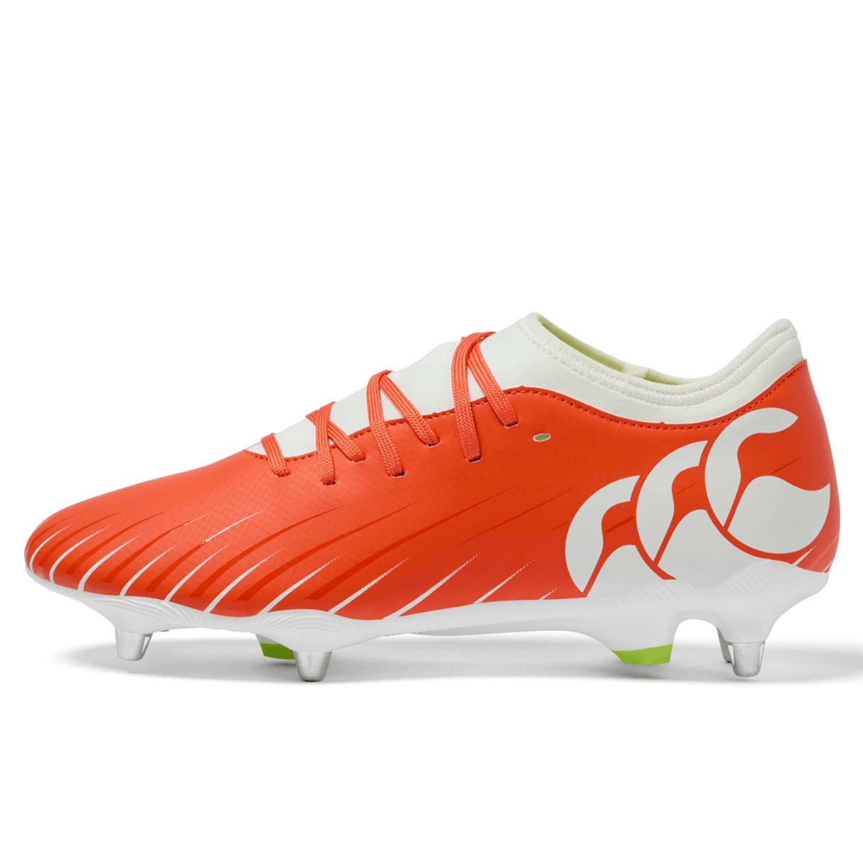 The Canterbury Speed Falcon Team SG boot in Tangerine Tango/Snow White features metal studs, white laces, and a bold logo—ideal for players seeking both performance and standout style.