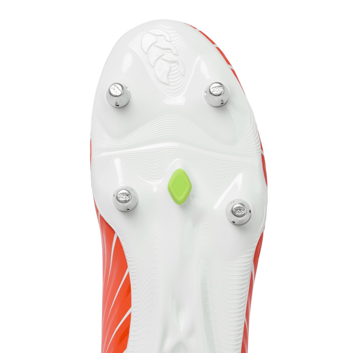 Close-up of the underside of the Canterbury Speed Falcon Team SG rugby boot by Canterbury in Tangerine Tango/Snow White, showing four metal studs and a green hexagonal detail on the white and red sole.