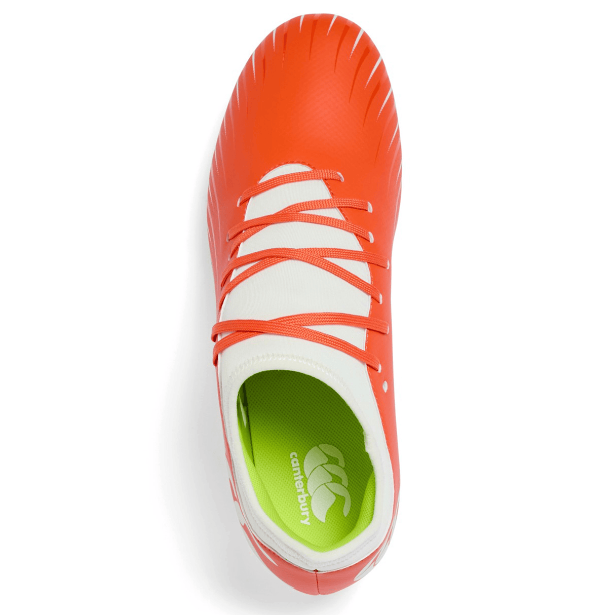 A top view of the Canterbury Speed Falcon Team SG rugby boots in Tangerine Tango/Snow White with white laces and a green Canterbury logo insole—ideal for rugby players.