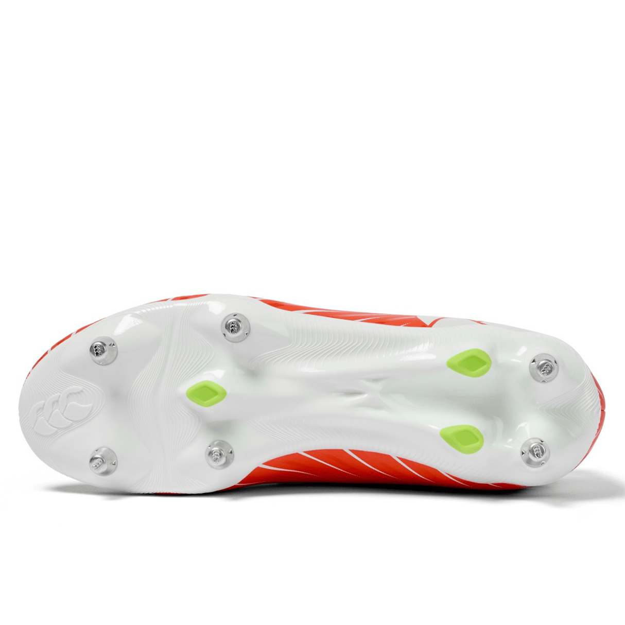 Close-up of the sole of the Canterbury Speed Falcon Team SG rugby boot in Tangerine Tango/Snow White, featuring metal studs and lime green accents.