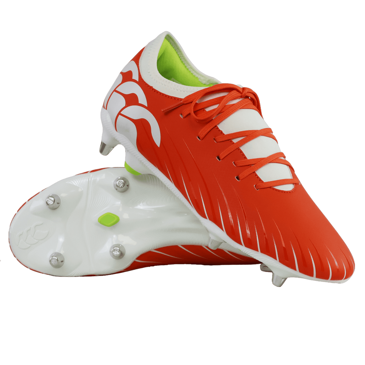 A pair of Canterbury Speed Falcon Team SG rugby boots in Tangerine Tango/Snow White, one upright and one on its side, featuring metal studs and a lime green inner lining.