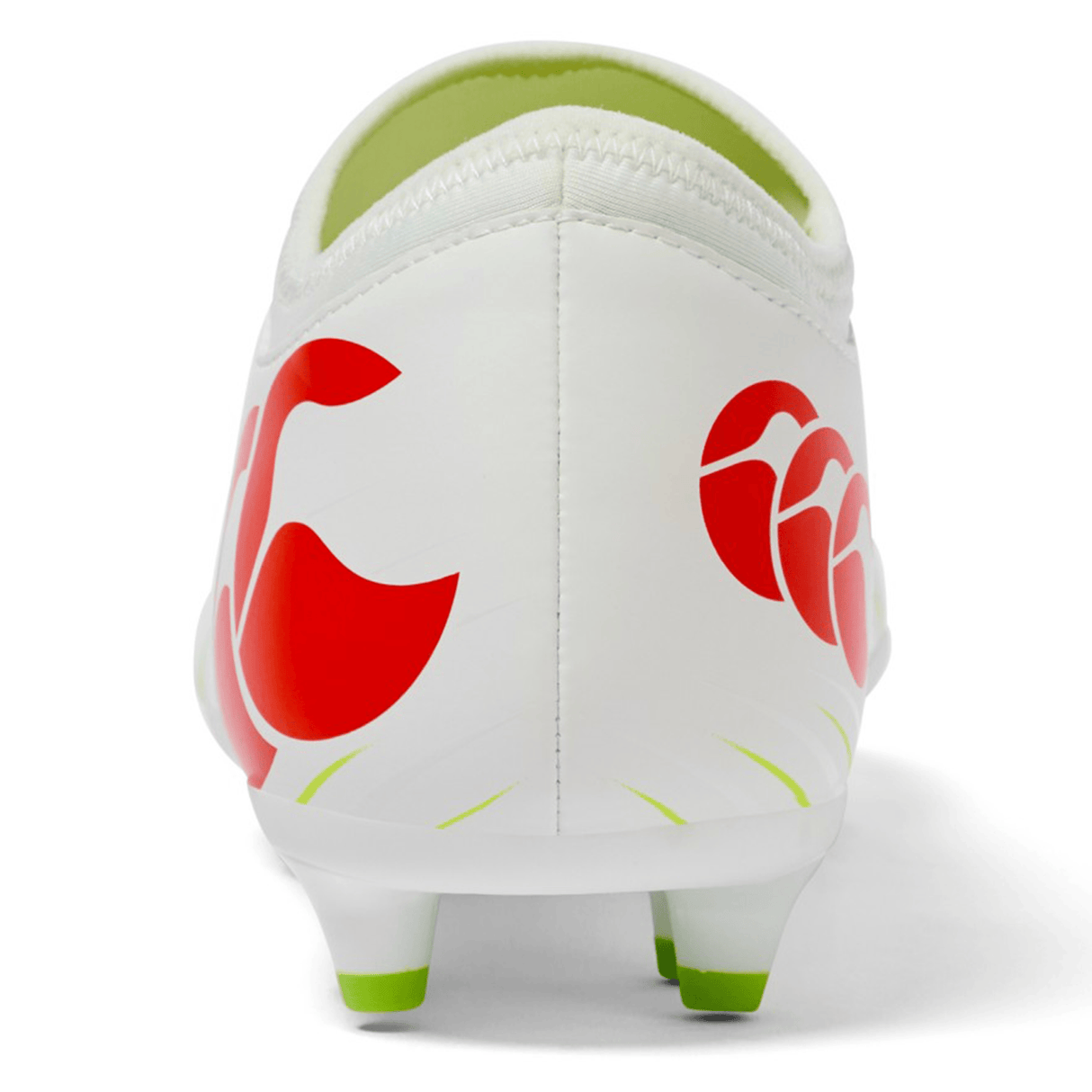 Close-up rear view of the Canterbury Speed Falcon Team FG soccer cleat in Snow White/Tangerine Tango, showing vibrant tangerine accents on the studs and interior.
