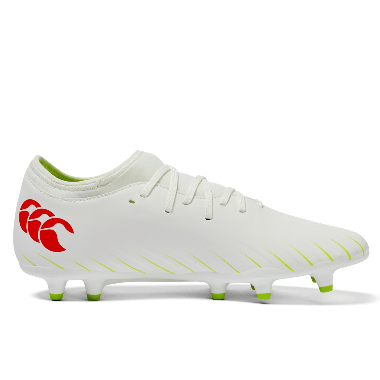 The Canterbury Speed Falcon Team FG rugby boot in Snow White/Tangerine Tango features green studs, green accent lines, and a Tangerine Tango red logo on the heel, shown in a side profile view.