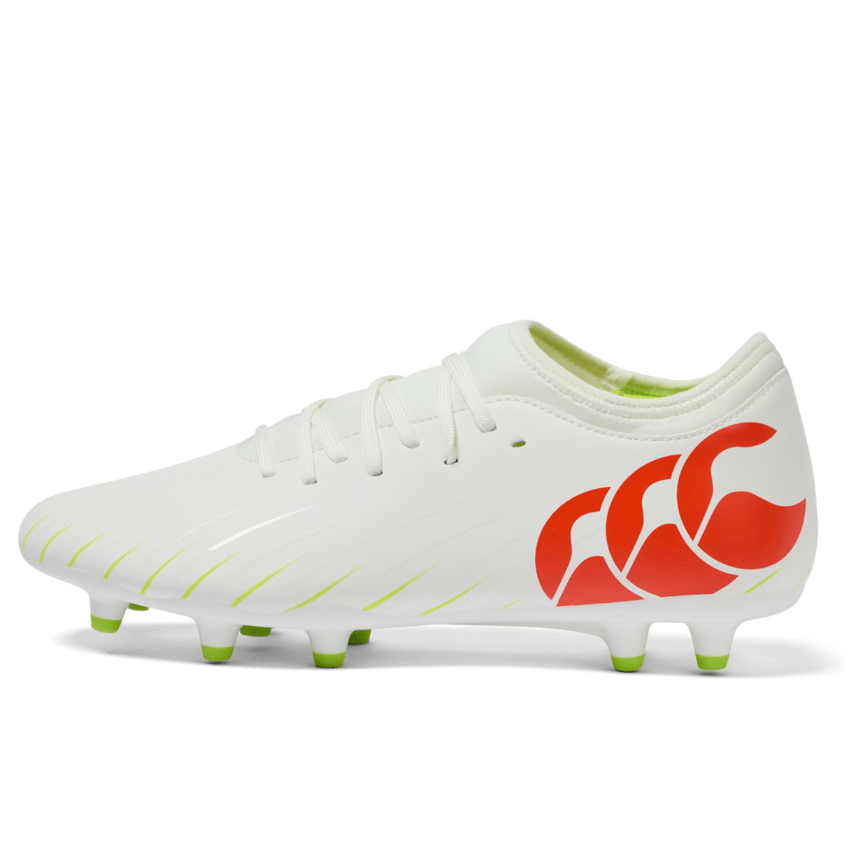 The Canterbury Speed Falcon Team FG - Snow White/Tangerine Tango features green studs, Tangerine Tango yellow accents, and a bold red side logo.