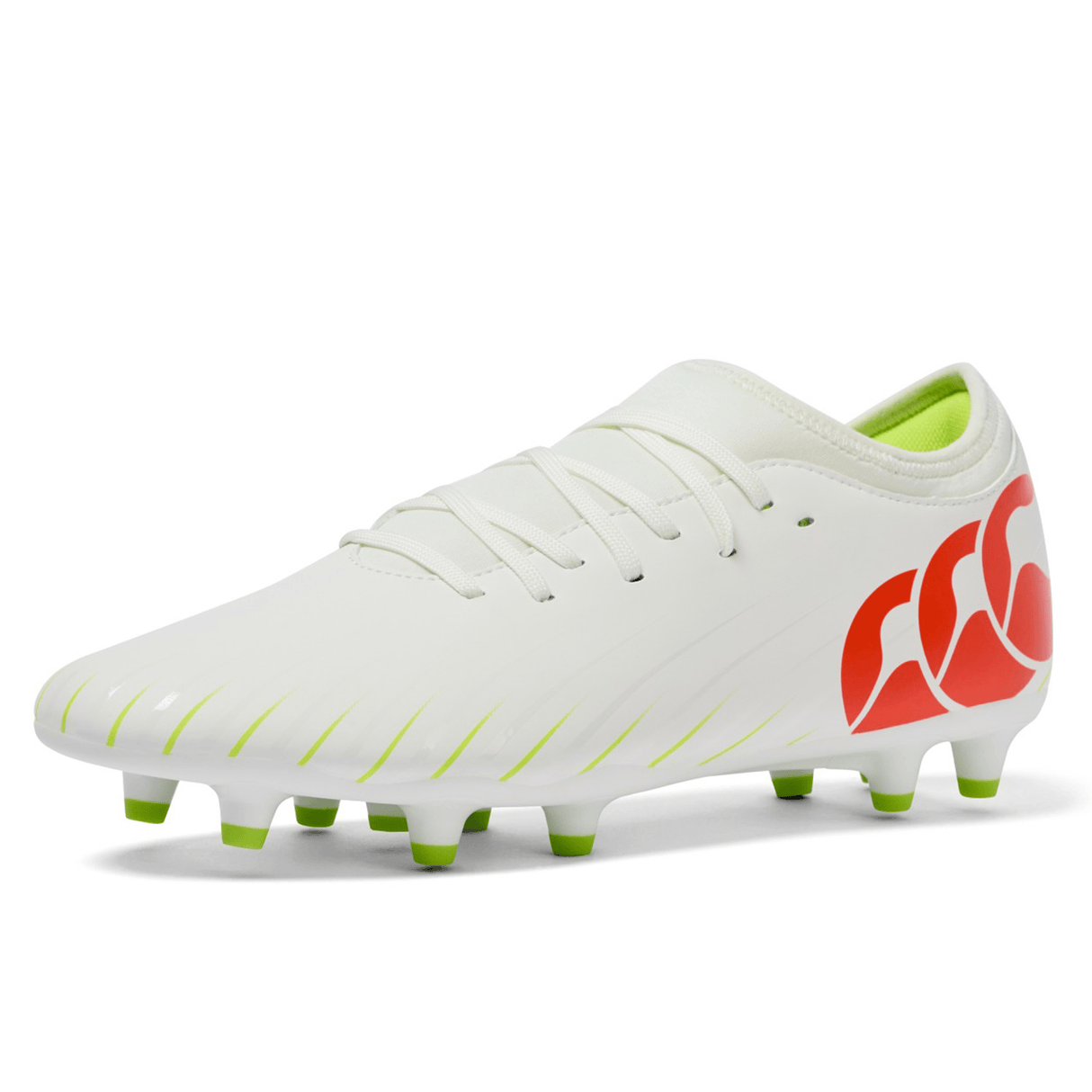 The Canterbury Speed Falcon Team FG - Snow White/Tangerine Tango features green studs, light green accents, and a bold Tangerine Tango logo on the heel.