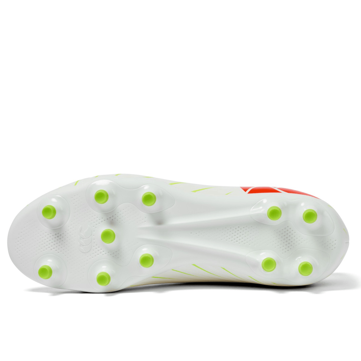 The Canterbury Speed Falcon Team FG in Snow White/Tangerine Tango is shown upside down, revealing its sole with ten green-tipped studs for traction—offering style and top performance on the field.