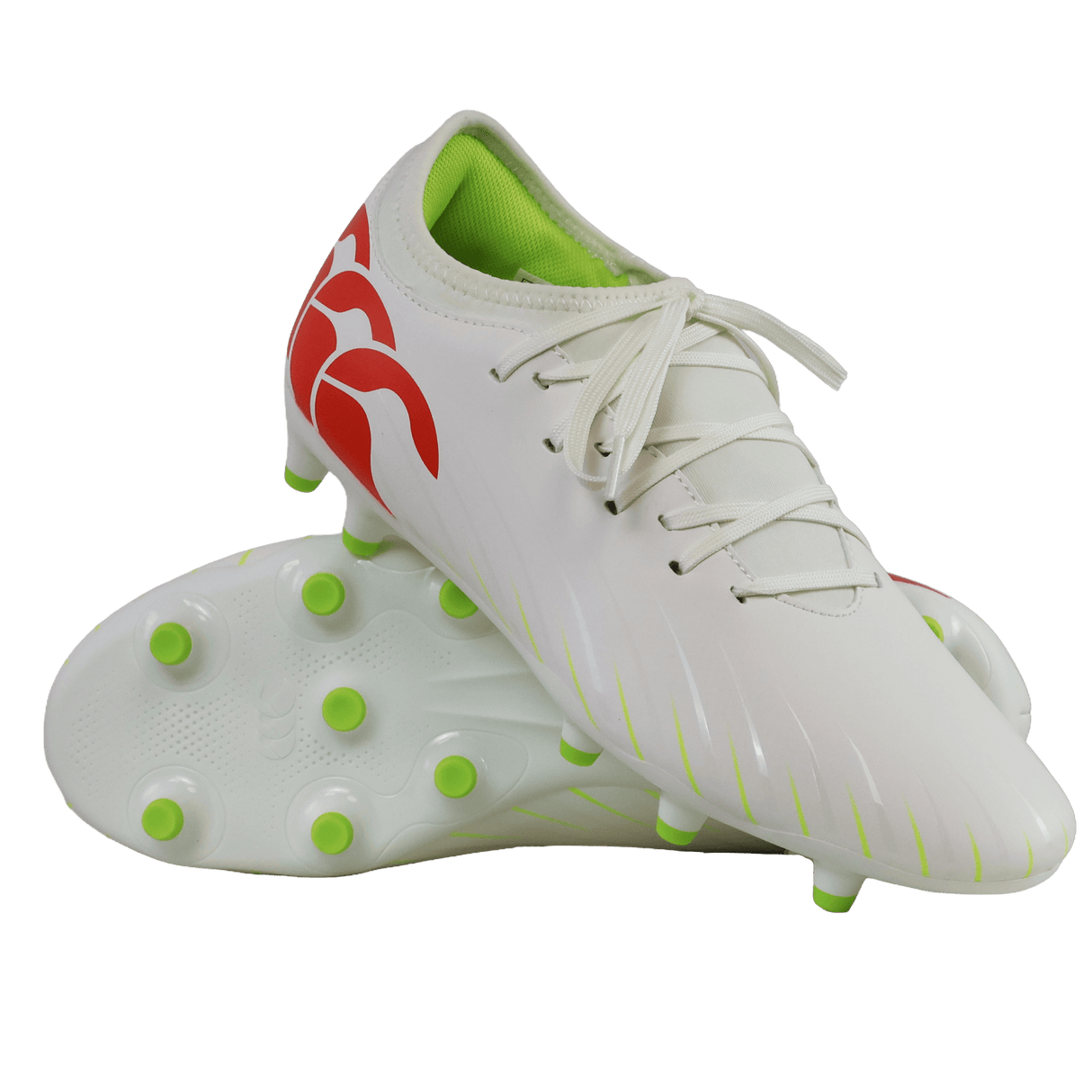 A pair of Canterbury Speed Falcon Team FG soccer cleats in Snow White/Tangerine Tango, featuring green studs, a lime green interior, and tangerine red heel accents, displayed against a white background.