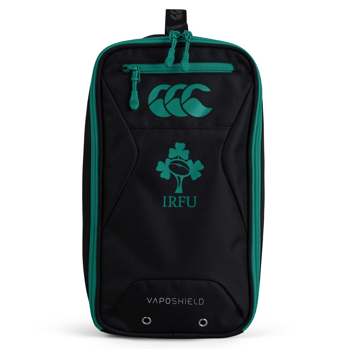The Ireland 25/26 Bootbag by Canterbury features black and green design, Vaposhield tech, IRFU logo, Canterbury branding, zippers, and bottom grommets—perfect for keeping your rugby boots secure and dry.