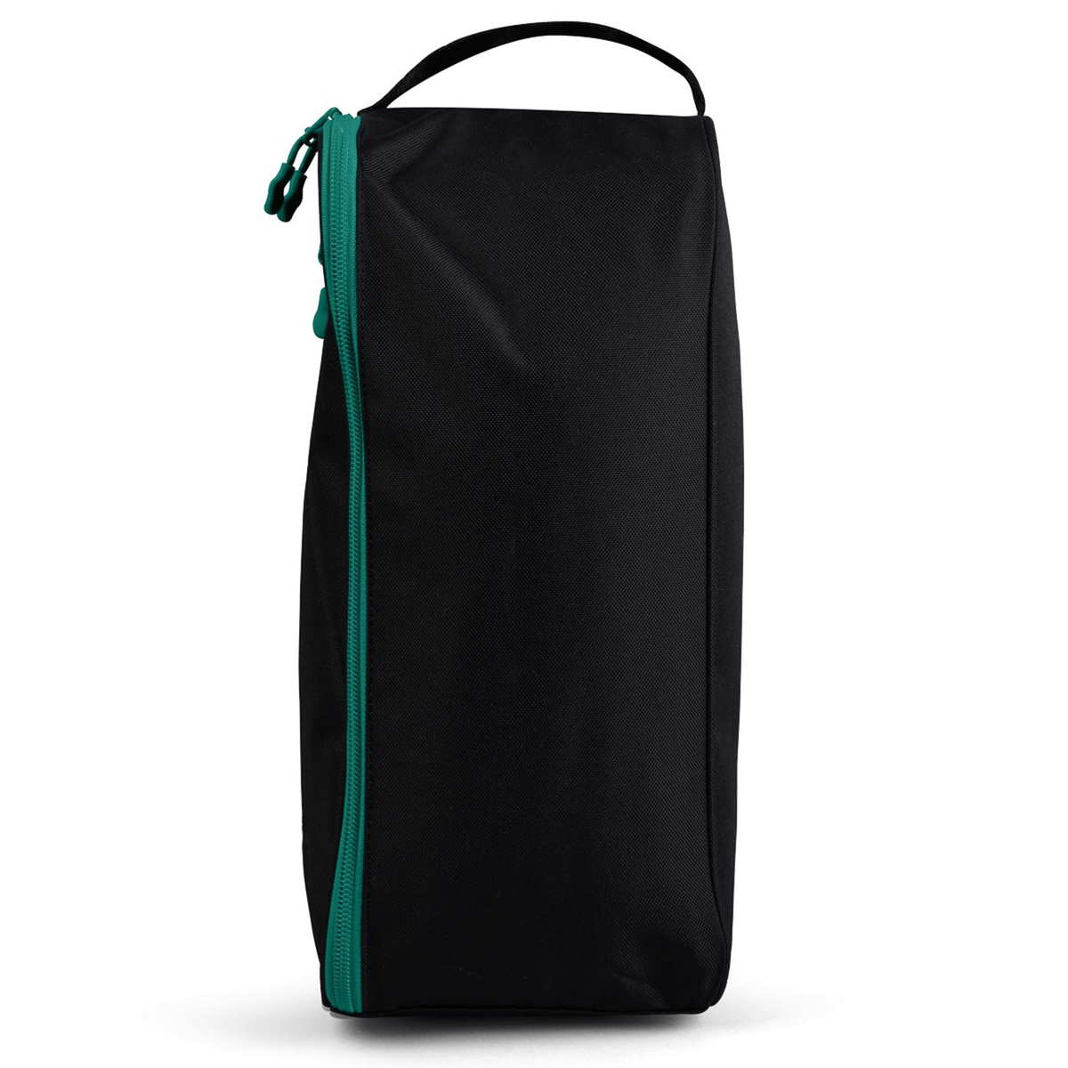 The Ireland 25/26 Bootbag by Canterbury in black with a green zipper and top handle stands upright against a white background—ideal for keeping your rugby boots organized.