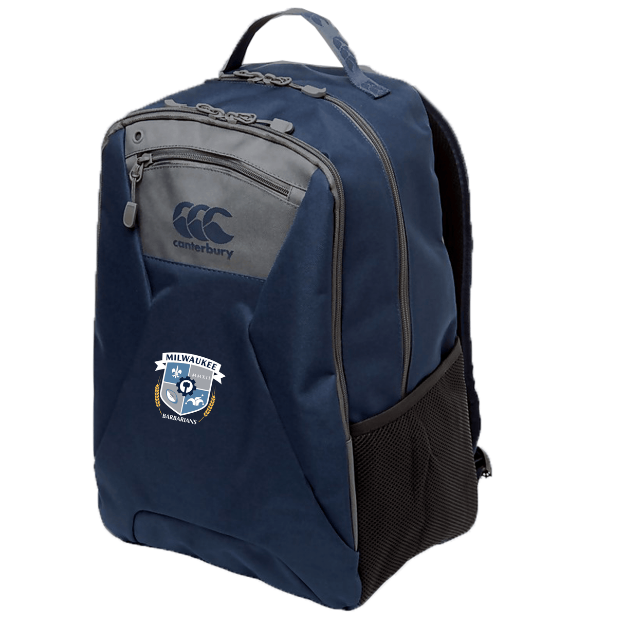 The Milwaukee Barbarians Rugby Medium Backpack by EMB Canterbury features a navy blue design, club logo, front zipper and side mesh pockets, padded laptop pocket, and is water repellent—perfect for daily use.