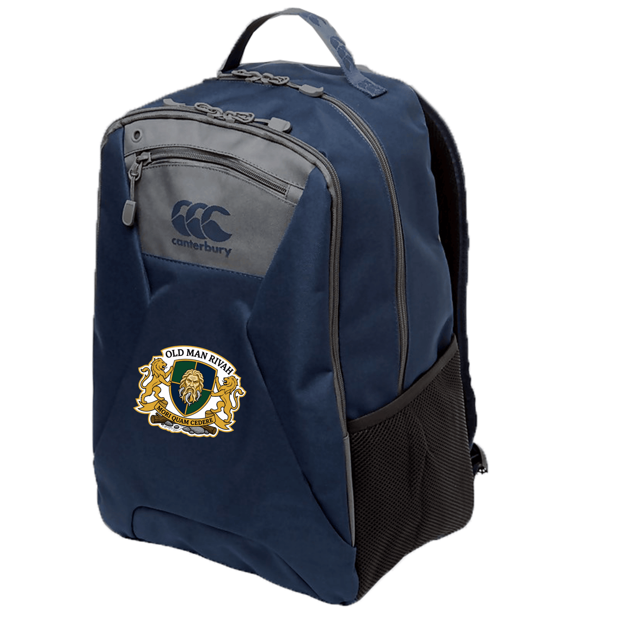 The Old Man Rivah Rugby Medium Backpack by EMB Canterbury is navy blue, with a zippered front pocket, mesh side pocket, padded laptop pocket, and features the club crest on the front.