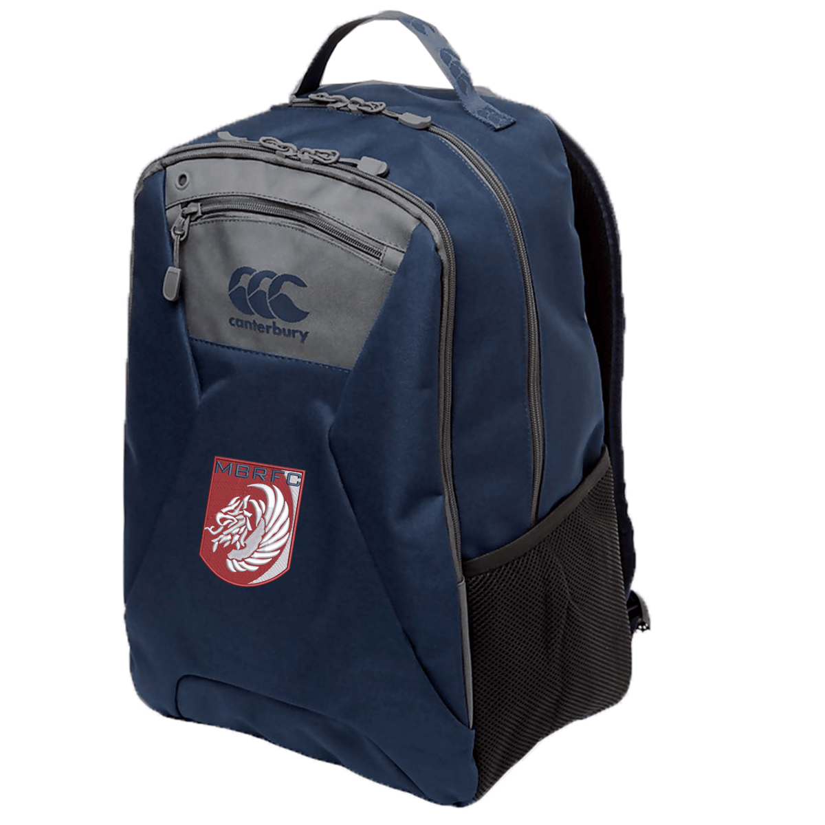 The Montgomery Bucks Griffins Medium Backpack by EMB Canterbury is navy blue, water repellent, and features front zipper and side mesh pockets, a padded laptop pocket, and a lion logo patch with "MBRFC" text. Stylish and functional.