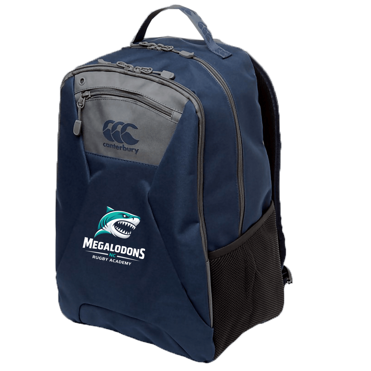 The NC Rugby Academy - Megalodons Medium Backpack by EMB Canterbury features a shark logo, front zip pocket, mesh side pocket, padded laptop pocket, top handle, and water-repellent fabric—perfect for everyday use.
