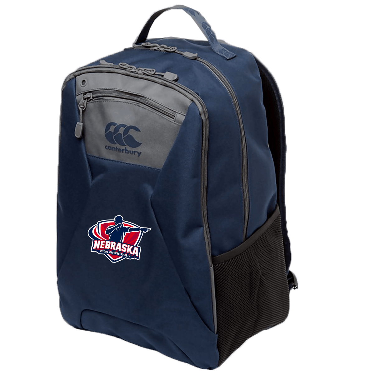 The EMB Canterbury Nebraska Rugby Referee Society Medium Backpack features a front zipper pocket, mesh side pocket, padded laptop pocket, and a Nebraska-themed logo patch on the lower front.