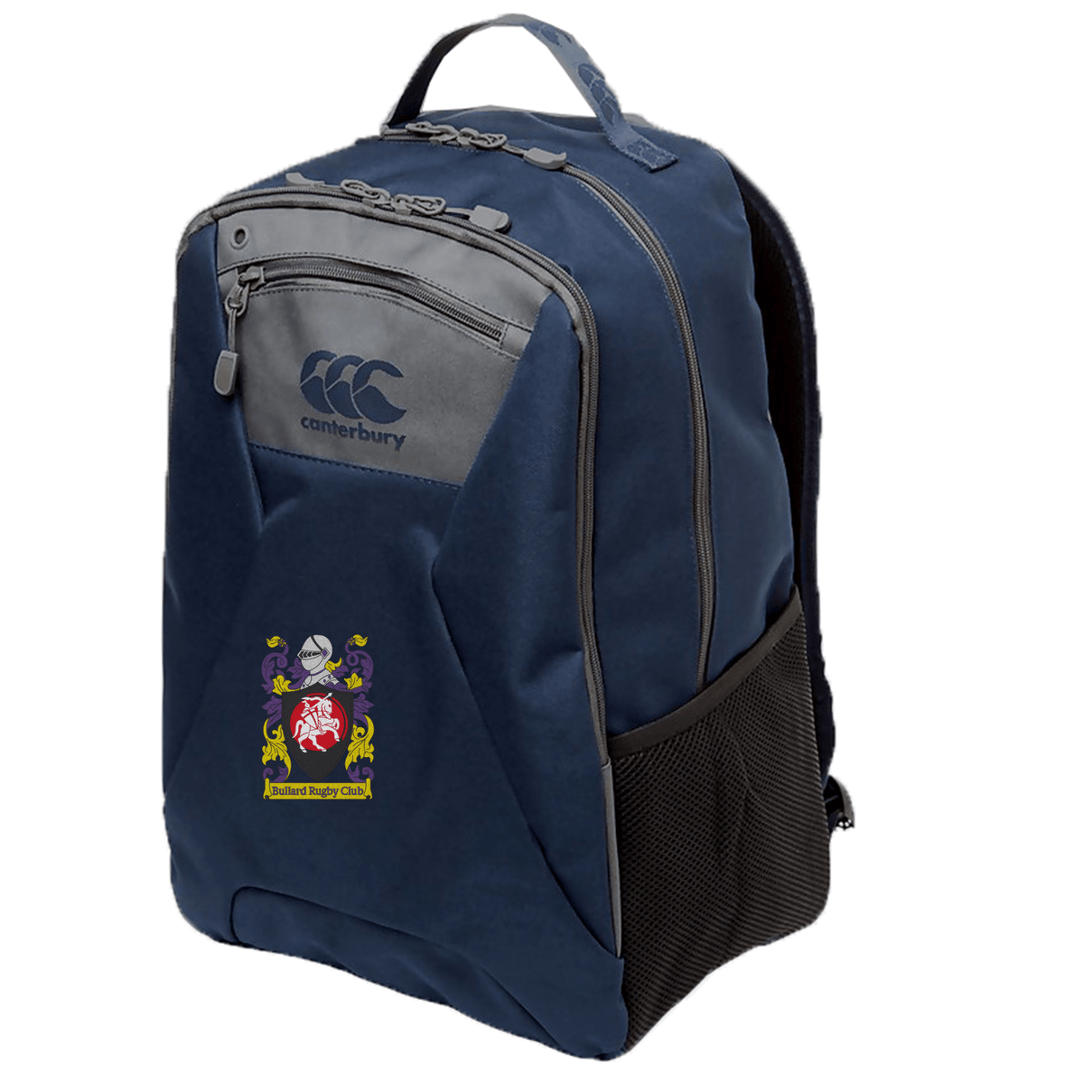 The CenCal Youth Bullard Medium Backpack by EMB Canterbury, featuring Vaposhield technology, is designed in blue and gray with a distinctive red and yellow emblem on the front pocket, showcasing a shield and helmet motif. Its ergonomic shoulder straps are crafted to provide comfort on every adventure.
