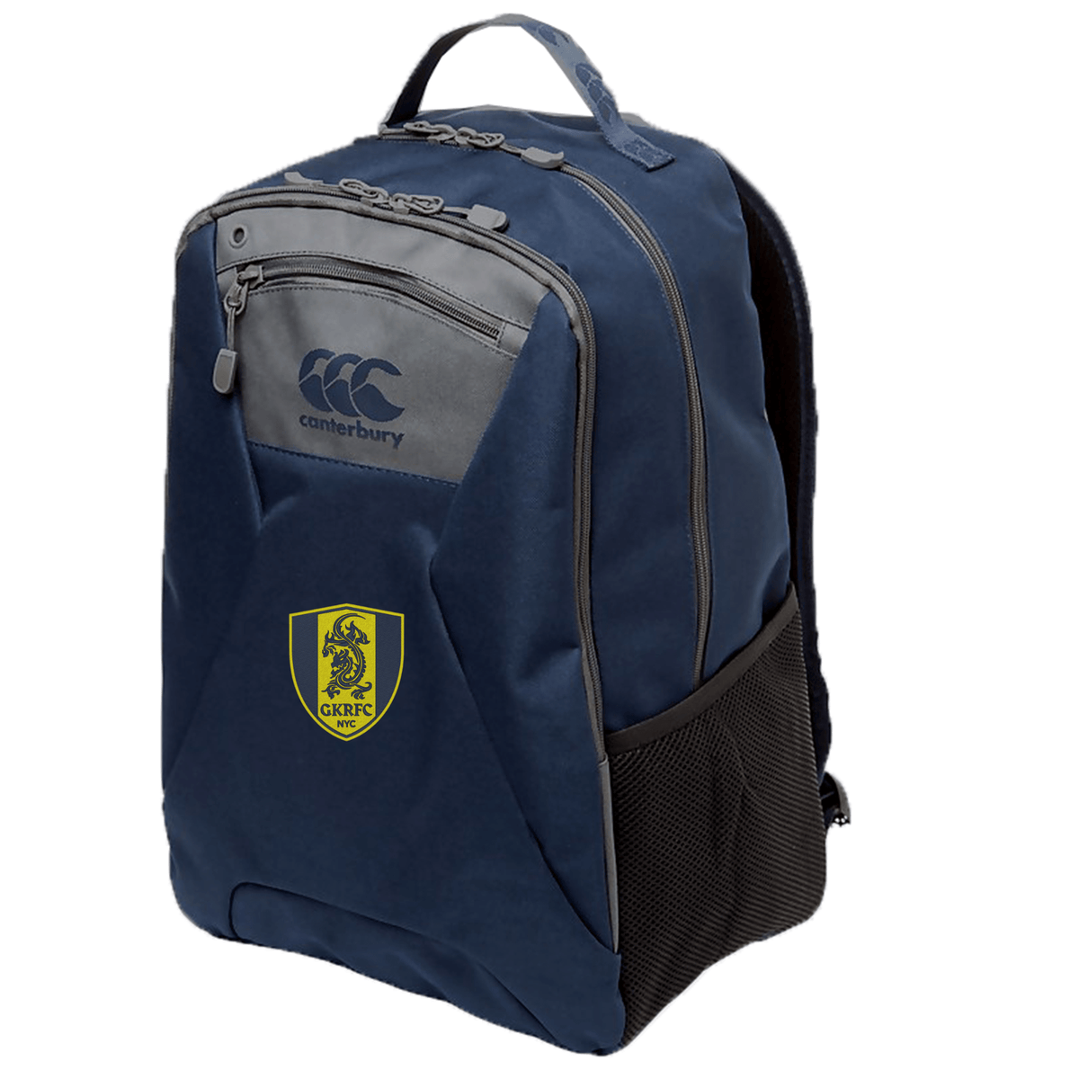 The Gotham Knights Medium Backpack by Canterbury, available in navy blue with gray accents, showcases the Canterbury logo and GKRC crest on the front pocket. It includes a main zipper compartment, a padded laptop pocket, a smaller front compartment, and side mesh pockets—all made from robust Polyester 600D PVC.