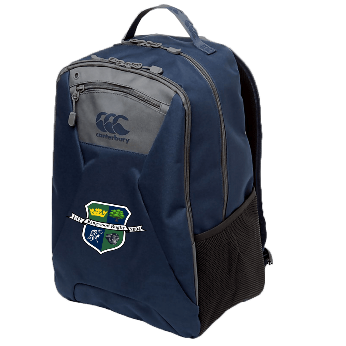 The Kingwood Rugby Medium Backpack by EMB Canterbury, in navy blue, features a padded laptop pocket and displays the Kingwood Rugby crest.
