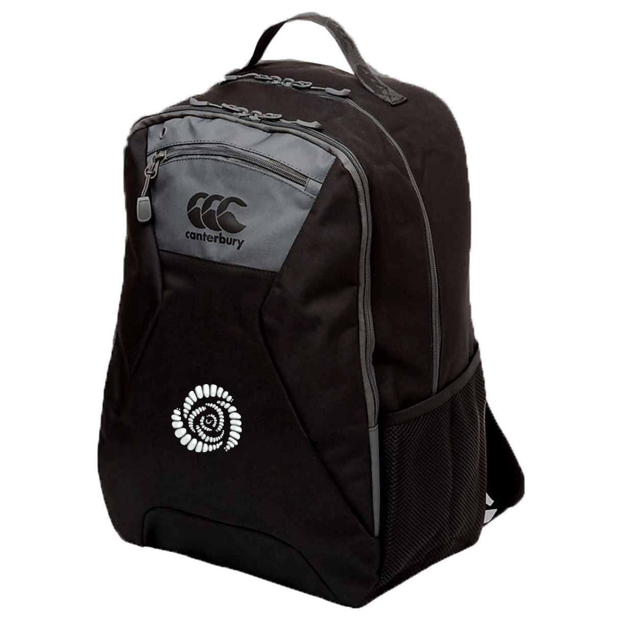 The Missoula All-Maggots Medium Backpack by EMB Canterbury is a black backpack featuring a gray zipper, a side mesh pocket, and two logos on the front. It includes a padded laptop pocket for added protection and is photographed against a plain white background.