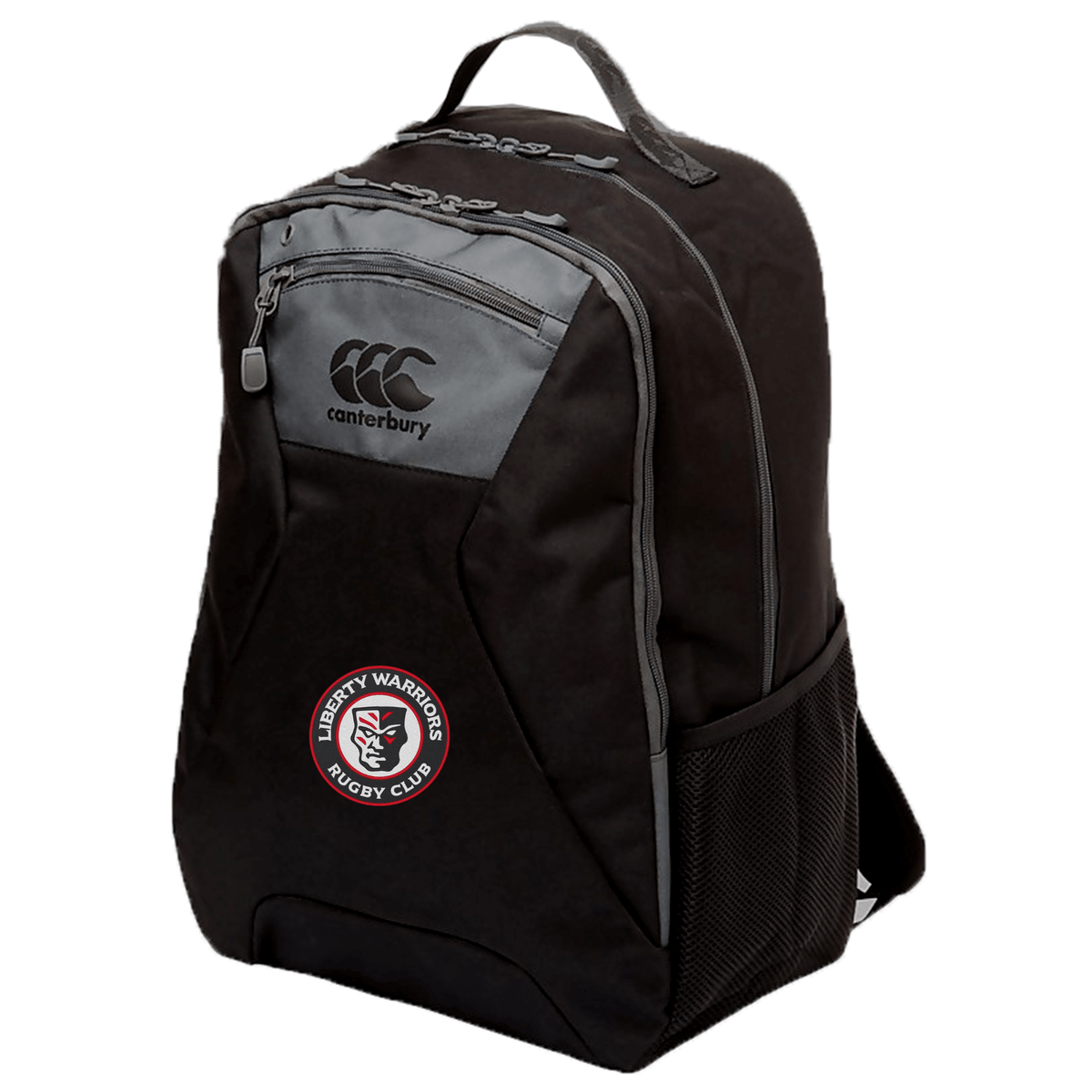 The Liberty Lake Warriors Medium Backpack by EMB Canterbury is black and features an emblem of "Liberty Warriors Rugby Club." It comes with ergonomic shoulder straps, multiple zippered compartments, Vaposhield technology for weather resistance, and a convenient side mesh pocket.