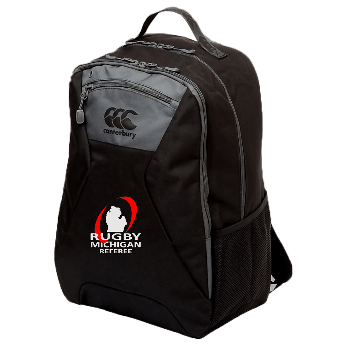 The Rugby Michigan Referee Society Medium Backpack by EMB Canterbury, featuring ergonomic shoulder straps and displaying the "Rugby Michigan Referee" logo on the front pocket, provides comfort and style for any journey.